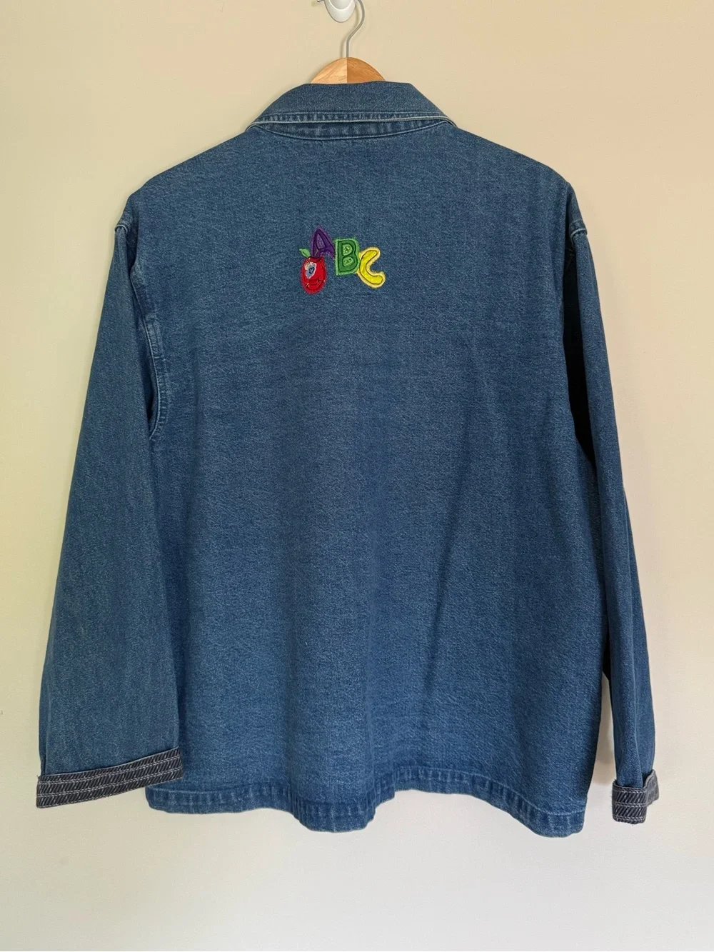 Vintage KEREN Hart Patchwork Denim Jacket Colorful School Teacher Motifs Sz L - Picture 3 of 3